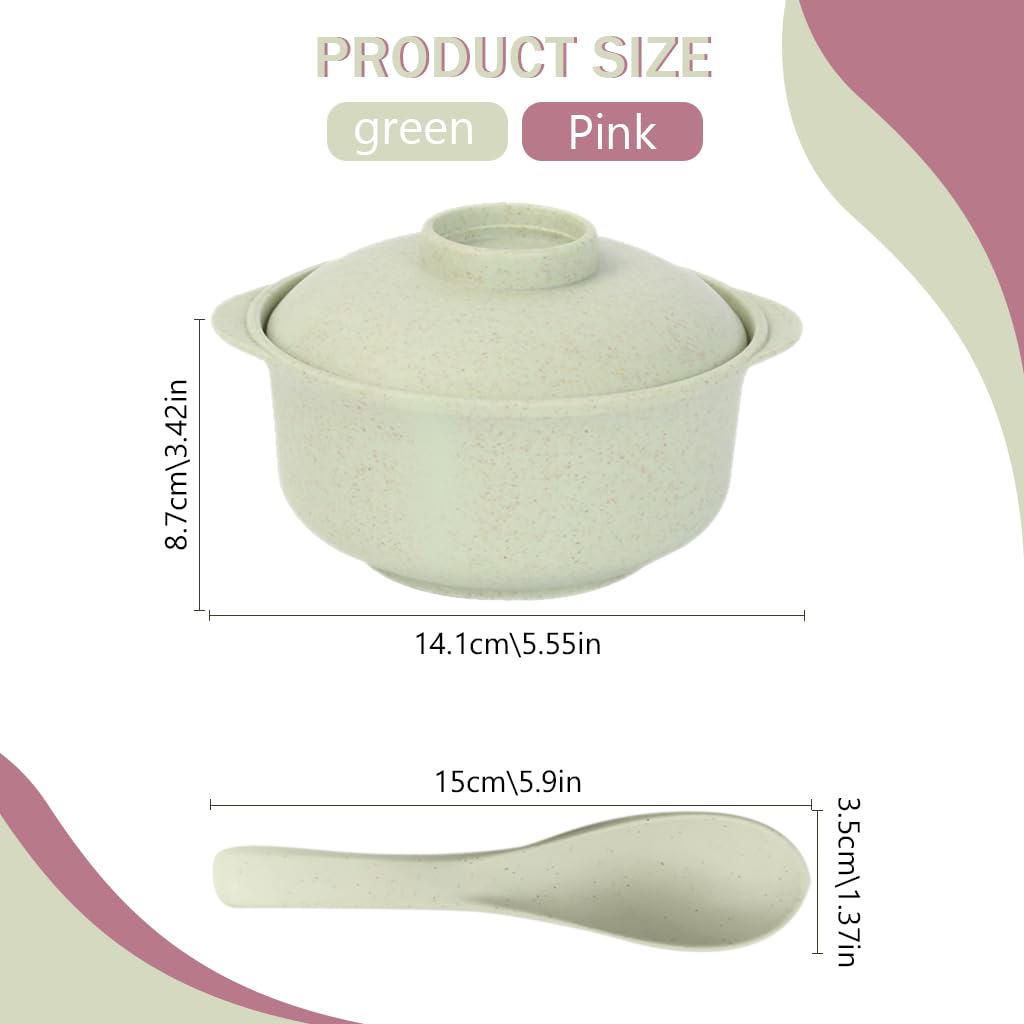 Supvox 2 Pcs Wheat Straw Fiber Unbreakable Cereal Bowls with Lid & Spoon, E-Co Friendly Lightweight Bowl (Tableware), Dishwasher & Microwave Safe - for, Rice, Soup Bowls-Pink & Green