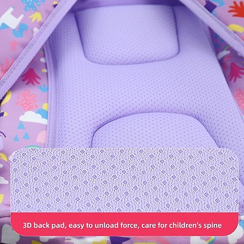 PALAY® Girls School Backpack Unicorn Cartoon Primary Bookbag for Travel Camping Waterproof Burden Relief Gift Kids 5-10 Years Old Purple 2 PCS