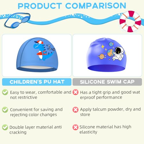 Proberos® Swimming Cap for Boys & Girls, Waterproof Elastic PU Coated Ideal All Head Shape, Silicone Easy fit No Hair Pulling Chlorine Resistant Kids Age 3-12 2 PCS