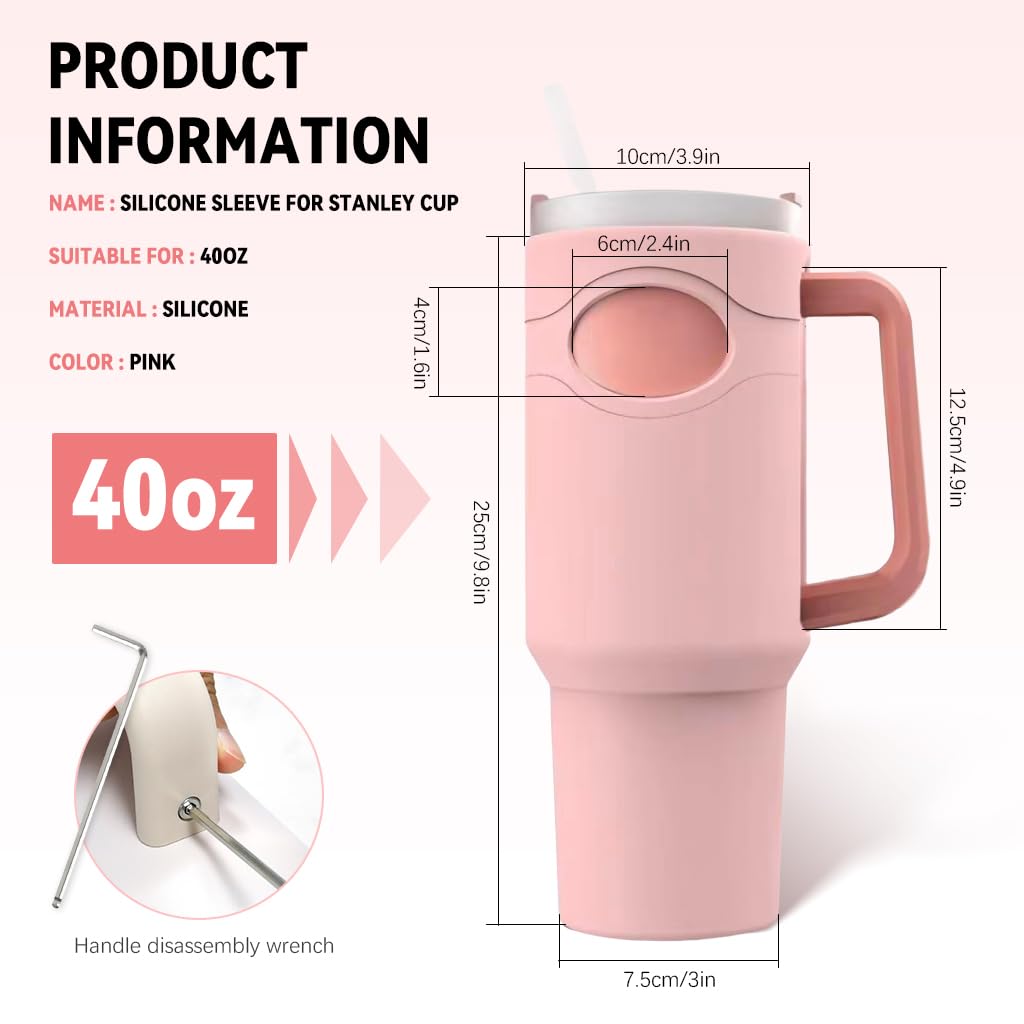 HASTHIP Silicone Sleeve for Stanley Cup 40 oz Stanley Cup Sleeve Fashion Pink Anti-slip Cup Sleeve Compatible with Handle Anti-scratch Protective Cup Sleeve for Stanley Cup