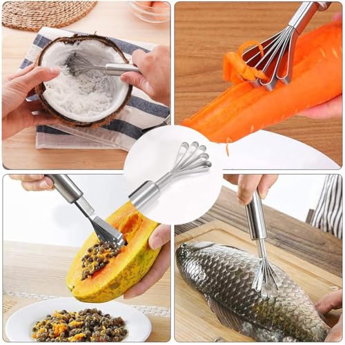 HASTHIP® Set of 3Pcs Coconut Opening Set,Coconut Opening Tools,Opener Stainless Steel Looped-Claw Meat Scraper Punch Hammer with Wooden Handle