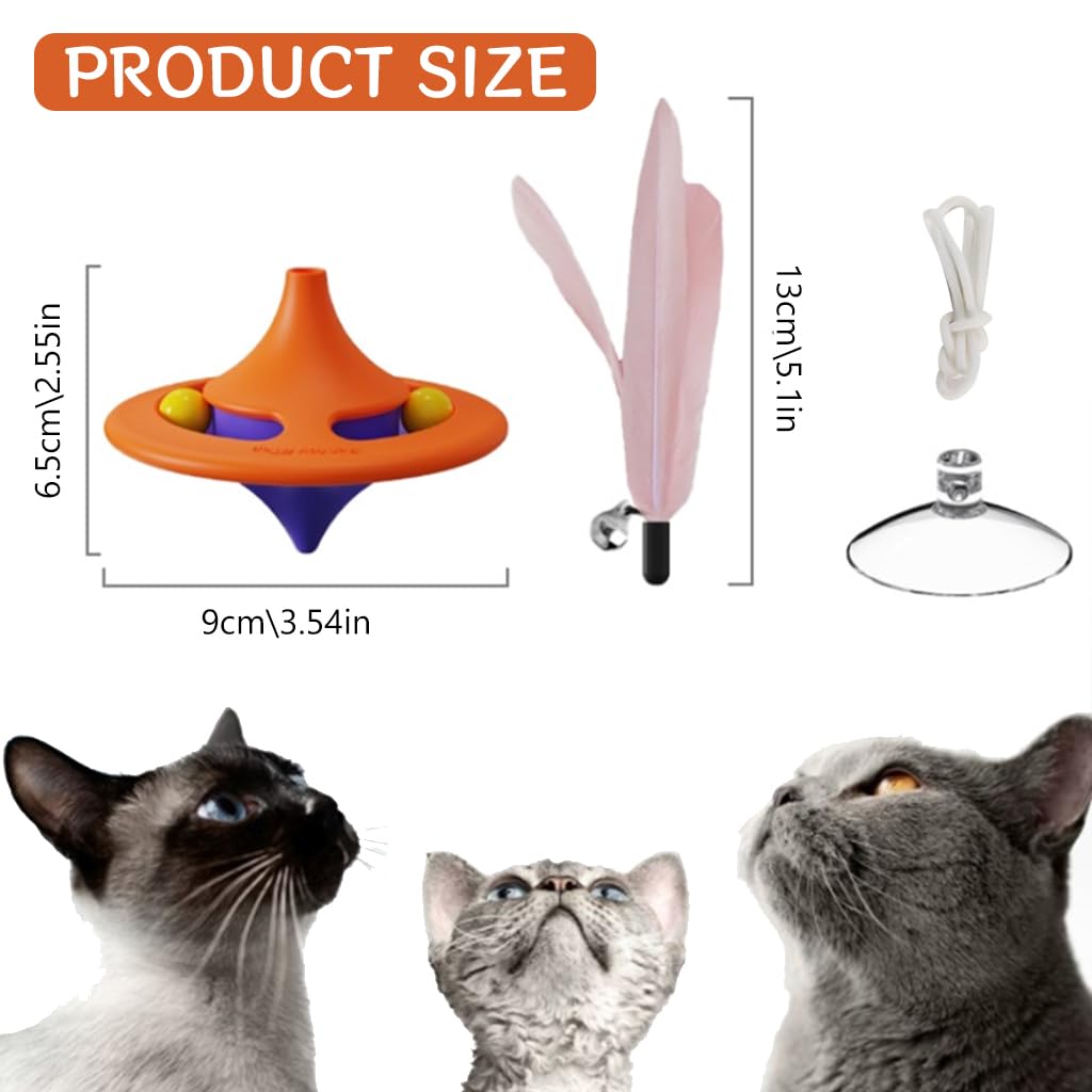 Qpets Cat Toys for Kids, Interactive Cat Toys for Persian Cat, Cat Toy for Indoor Cats Feather Teasing Toy, Rotatable Spinning Top Cat Turntable Toy with Suction Cup & Hanging Feather