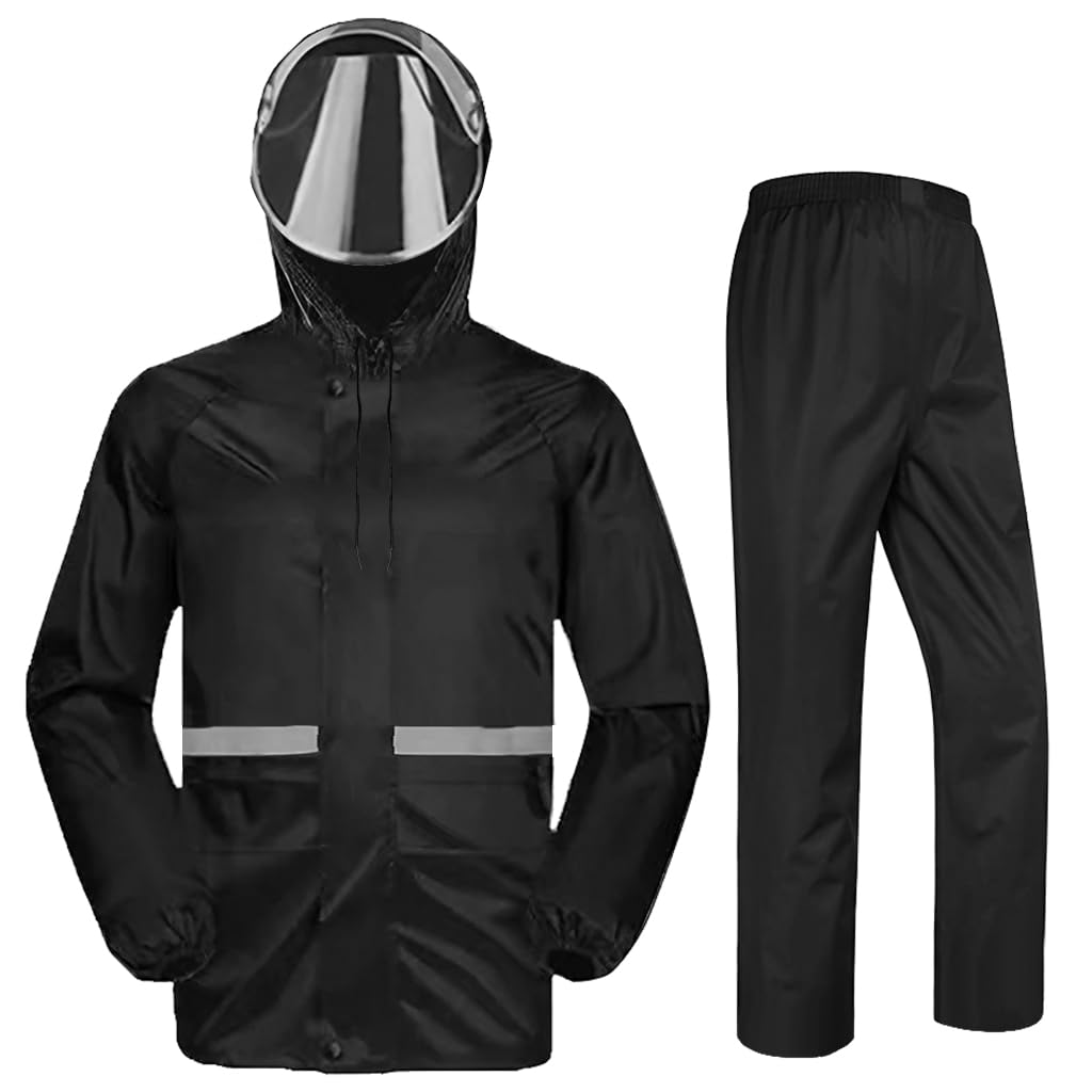 GUSTAVE Men Rain Suit 2-Piece Adult Rain Jacket Hoodie with Transparent Wide Brim Double Oxford Cloth Rain Coat with Mesh Lining Dual Hood Brim Reflective Rain Suits Rain Trousers, XXXL