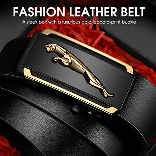 GUSTAVE® Belts for Men Black Leather Mens Belt Adjustable Fashion Gold Leopard Pattern Buckle Belt - 130cm Length, No Punch Hole 2 PCS