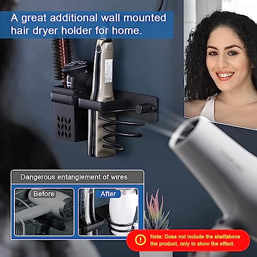 HASTHIP® 3 in 1 Hair Dryer Stand for Wall Mounted Rack Blow Holder Styling Care Tool Organizer Storage Basket with Plug Hook Black 3PCS
