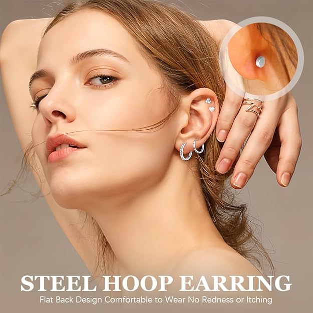 SANNIDHI® 10 Pairs Earrings Set for Women Girls Gold Silver Earring Combo Stylish Hypoallergenic Surgical Flat Back Stud Earrings Stainless Steel Cartilage Hoop Earring for Multiple Piercing