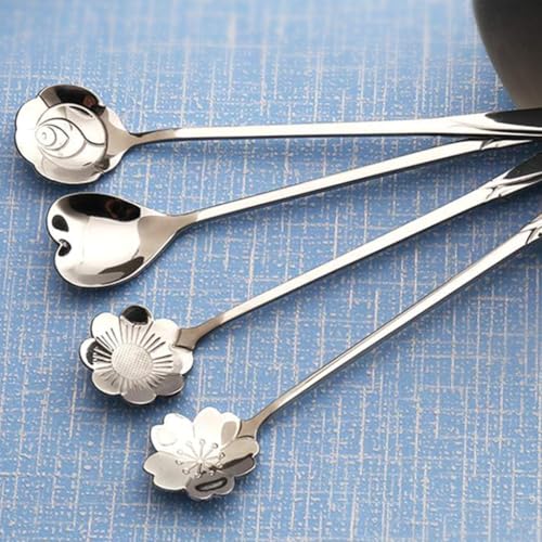 HASTHIP® 8PCS Silver Stainless Steel Coffee Spoon Set 18cm Gold Flower Design Multipurpose Tableware for Kitchen Tea Desserts and Gifting