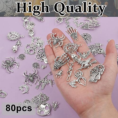 SANNIDHI 80pcs Charms for Jewellery Making, Antique Alloy Silver Pendants, Assorted Skull Pumpkin Bat Witch Jewelry Charms Kit for Necklace Bracelet DIY Halloween Accessory