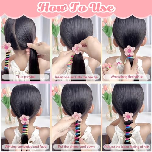 PALAY® 8PCS Spiral Hair Ties for Girls Colorful Braids Telephone Wire Band Kids Cute Cartoon Elastic Tie Ponytail Holder Maker Accessories Children