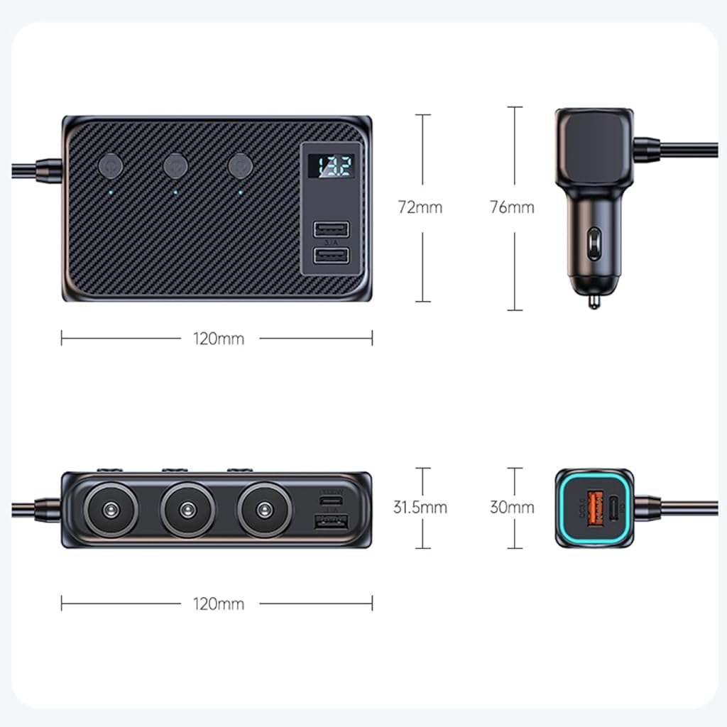 STHIRA Car Cigarette Lighter Extender 170W Car USB Charger with 3 Car Cigarette Lighter Ports Multi USB Ports Support PD 30W Fast Charging LCD Smart Current Display Car Cigarette Lighter USB Charger