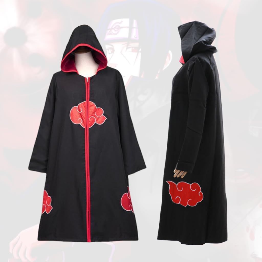 PATPAT Hooded Akatsuki Cloak Itachi Uchiha Cosplay Costume Long Cape Full Set, Anime Cosplay Costume for Men Women Akatsuki Dress for Party Halloween - Size L, Suitable for Height 165-170cm