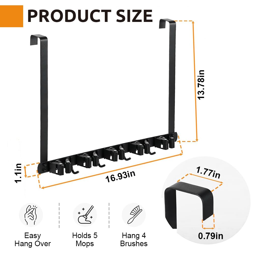 HASTHIP Stainless Steel Broom Holder Wall Mounted, 5-Slot Mop Organizer with 4 Hooks, Heavy Duty Multifunctional Rack Broom Mop Holder for Kitchen Bathroom Closet Garage Office Garden
