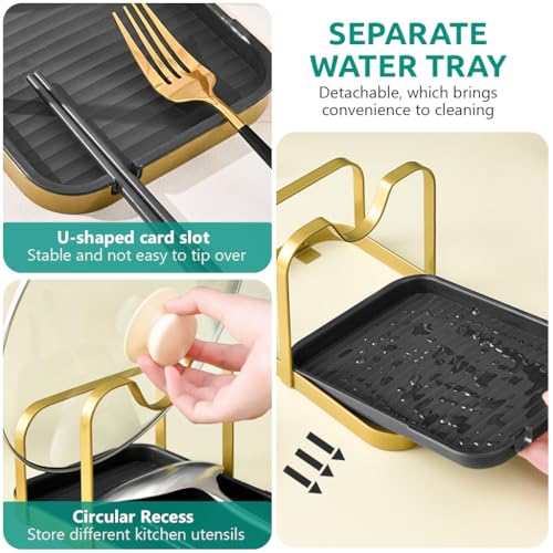 HASTHIP Pot Lid Holder with Detachable Grooved Drain Tray Multi Purpose Metal Dual Golden Black Kitchen Organizer Holder for Pot Lids, Spoon, Spatula, Tableware, 20x13.8x11.5cm