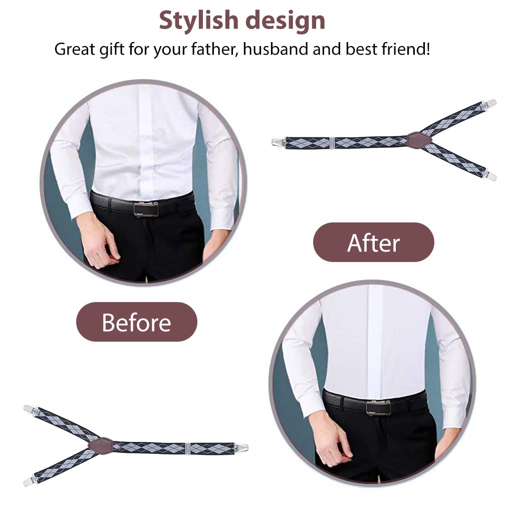 GUSTAVE Y-Style Garters Shirt Stays with Non-Slip Locking Clamps and Adjustable Belt Strap (Black/Grey)