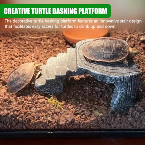 Qpets Turtle Basking Platform, Platform for Aquatic Turtles, Decorative Resin Turtle Basking Platform with Stair Design & Tree Ring Pattern for Aquatic Terrestrial Turtles Hiding Cave (13.5x11x5.5CM)