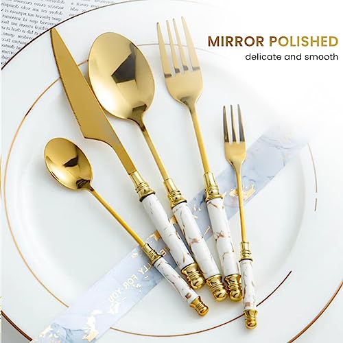 HASTHIP Set of 5 Cutlery Set, Stainless Steel Spoon and Fork Set, Cutter, Fork Tablespoon, Dessert Spoon, Fruit Fork, Exquisite Ceramic Handle Cutlery, Gift Cutlery for Festival (White)
