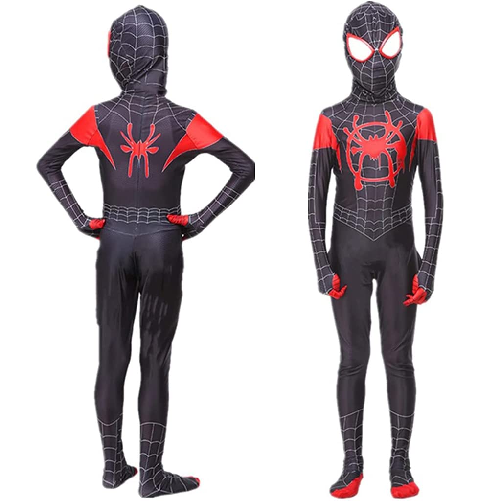 FANCYKU Spiderman Costume for Kids, Superhero 3D Lenses Spiderman Dress Black Spider Man Miles Morales Bodysuit, Silk-Feel Fabric Spider-Man Fancy Jumpsuit for Boys Gift Halloween Cosplay, Size XL