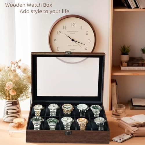 SANNIDHI® Wrist Watch Organizer Box Valuable Watch Display Box with Clear Window, 10 Watch Capacity, Velvet Fabric Liner, Wooden Wrist Watch Holder with Watch Pillows, 28.3x20.2x7.7cm