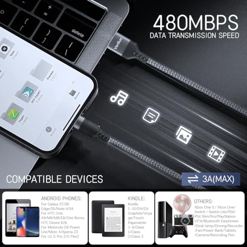 Verilux® 10Ft 3M Micro USB Cable 5V 2A Fast Charging 480Mbps Data Sync Nylon Braided for Phone Tablet Port Enabled Mobile 2PCS