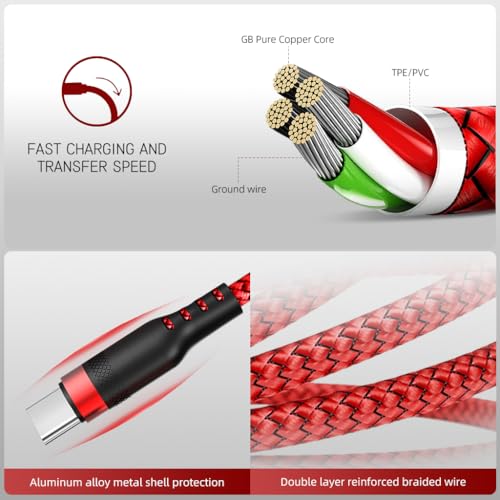 Verilux® 10FT USB to Type C Cable 62W Fast Charging Nylon Braided Data Sync Support 480Mbps Compatible with iPhone 15 Pro Max Galaxy S24 S23 MacBook Tablet 3PCS