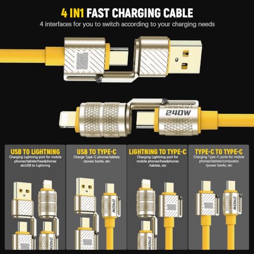 Verilux® 240W USB C 4 in 1 Fast Charging Cable 1.5m Silicone Multi Charging Zinc Alloy Metal Connectors Universal for Phone Tablet 2PCS