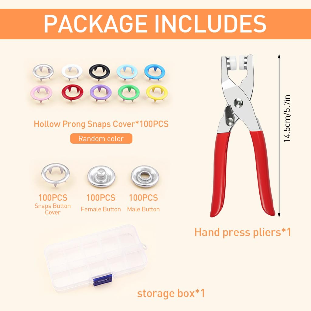 HASTHIP 100 Sets Metal Snaps Buttons with Fastener Pliers Press Tool Kit, 10 Colors Hollow and Solid Metal Prong Buttons with Plastic Storage Case and Snap Plier for DIY Clothing Crafting Sewing