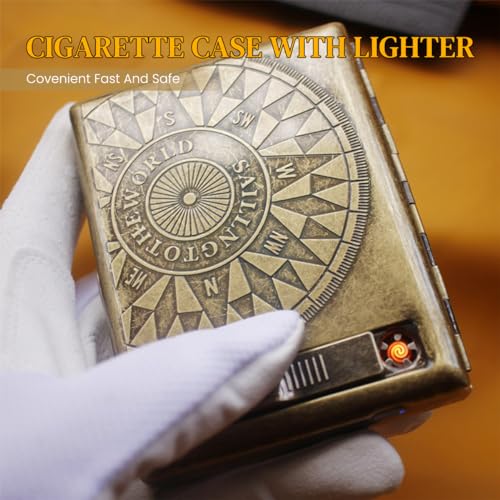 GUSTAVE® Retro Metal Cigarette Case for Men USB Rechargeable Flameless Coil Lighter fits up to 40PCS Regular Cigarettes 85mm Gift Compass