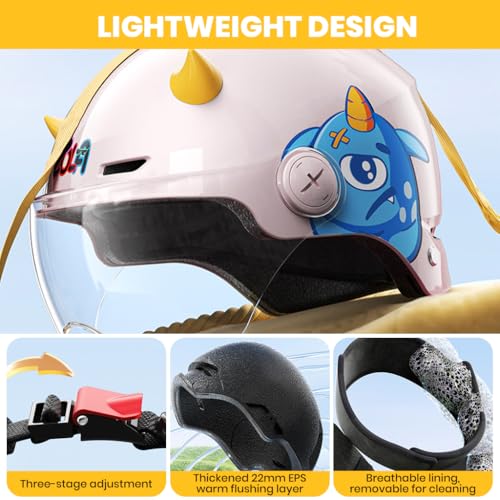 Proberos® Bike Helmet for Kids Teens 4-15 Years Old Cushioning Lining Safety Helmet with Adjustable Chin Strap, Anti-Glare Goggle, Ear Pads, 3D Cartoon Safety Helmet for Bike, Scooter