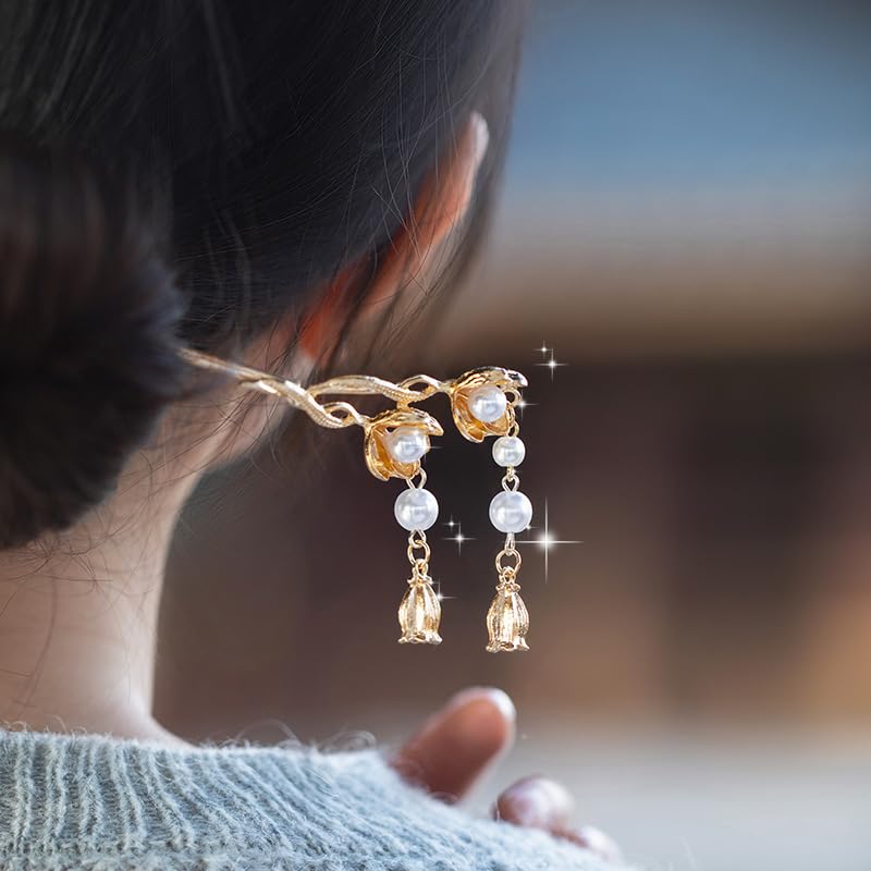 MAYCREATE Floral Hair Pins for Women Girls, Gold Metal Hair Stick for Buns, Pearl Pendent Hair Bun Stick, Elegant 6.4'' Juda Pin Hairpin Hair Accessories for for Updos, Buns