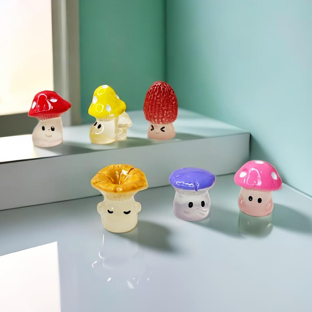 HASTHIP 6Pcs Mini Luminous Mushrooms Plant Miniature Moss Landscape Decorations Resin Miniature Decor for Moss Landscape, Garden Ornament, Flower Pots, Dollhouse Garden Decorations, 1.2x1.6cm