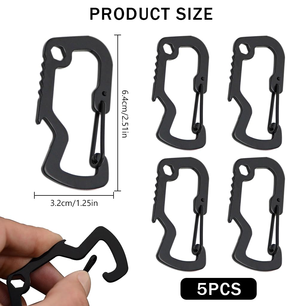 Proberos 5Pcs Stainless Steel Carabiner Hooks 3 In 1 Multi Tool Multifunctional Carabiners Wrench Tool Bottle Opener Snap Clip Hooks Backpack Attachment Hooks for Camping, Hiking, Biking