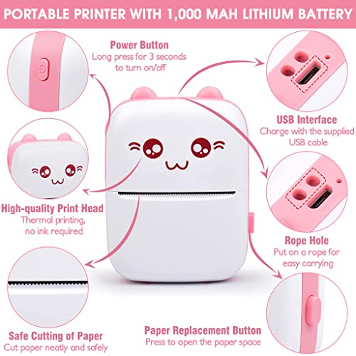 ZORBES Mini Printer, Small Pocket Printer Black and White Printing Bluetooth Thermal Printer Compatible with iOS, Android, Portable Printer with 6 Rolls Printing Paper for Notes, Memos, DIY - Pink