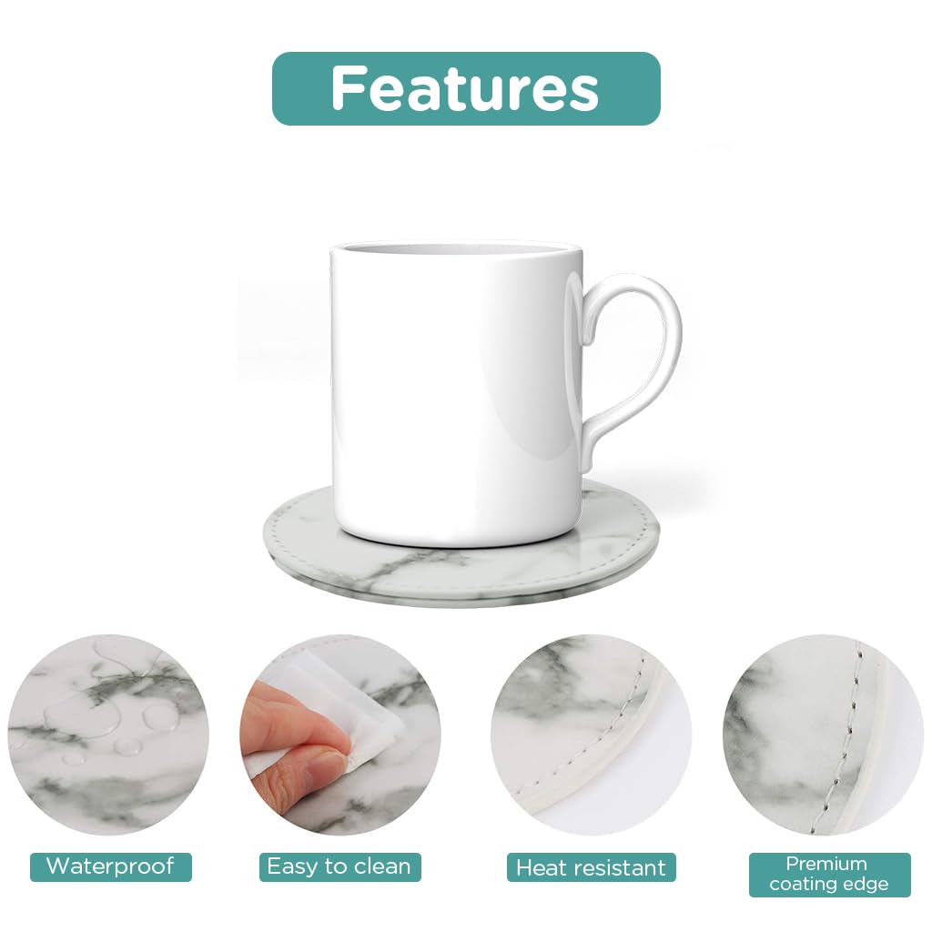 HASTHIP 6Pcs Leather Coasters for Drinks, Marble and Waterproof Coasters Table Protective Non-Slip Pads with Holder for Coffee Table and Office Desk, Leather Drink Coasters