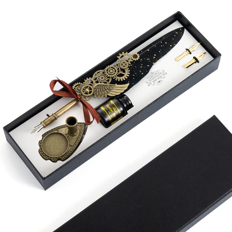 HASTHIP® Quill Pen Set Mechanic Style Calligraphy with Blue or Black Ink 2 Replacement Nibs Holder Vintage Signature Fountain Dip Gift Black 3PCS