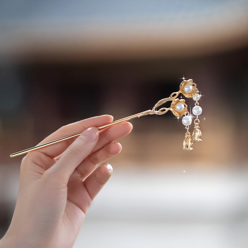 MAYCREATE Floral Hair Pins for Women Girls, Gold Metal Hair Stick for Buns, Pearl Pendent Hair Bun Stick, Elegant 6.4'' Juda Pin Hairpin Hair Accessories for for Updos, Buns