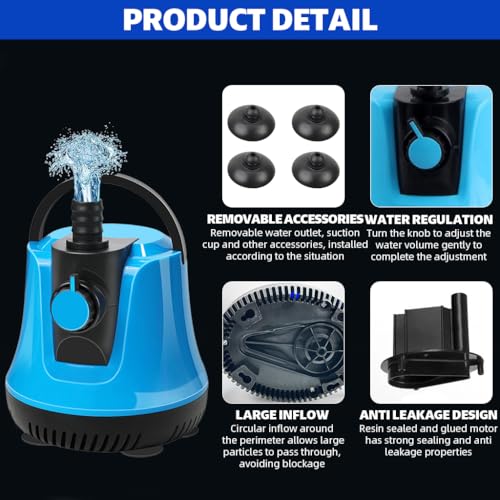 Qpets® 85W Quiet Submersible Water Pump Adjustable Flow 4.5M Lift 4500L/H Low Noise Portable with Suction Cup Base for Aquarium Pond Garden Fountain 2PCS