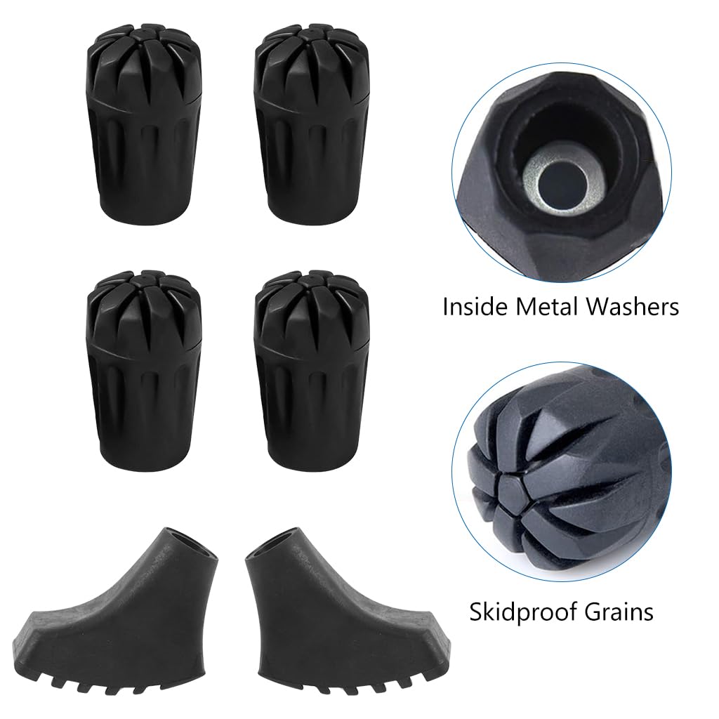 Proberos Trekking Pole Accessory Set – 4 Rubber Tips & 2 Rubber Feet for Concrete & Flat Roads – Durable Replacement Tips for Hiking Poles, Walking Sticks & Trekking Poles – Essential Outdoor Gear