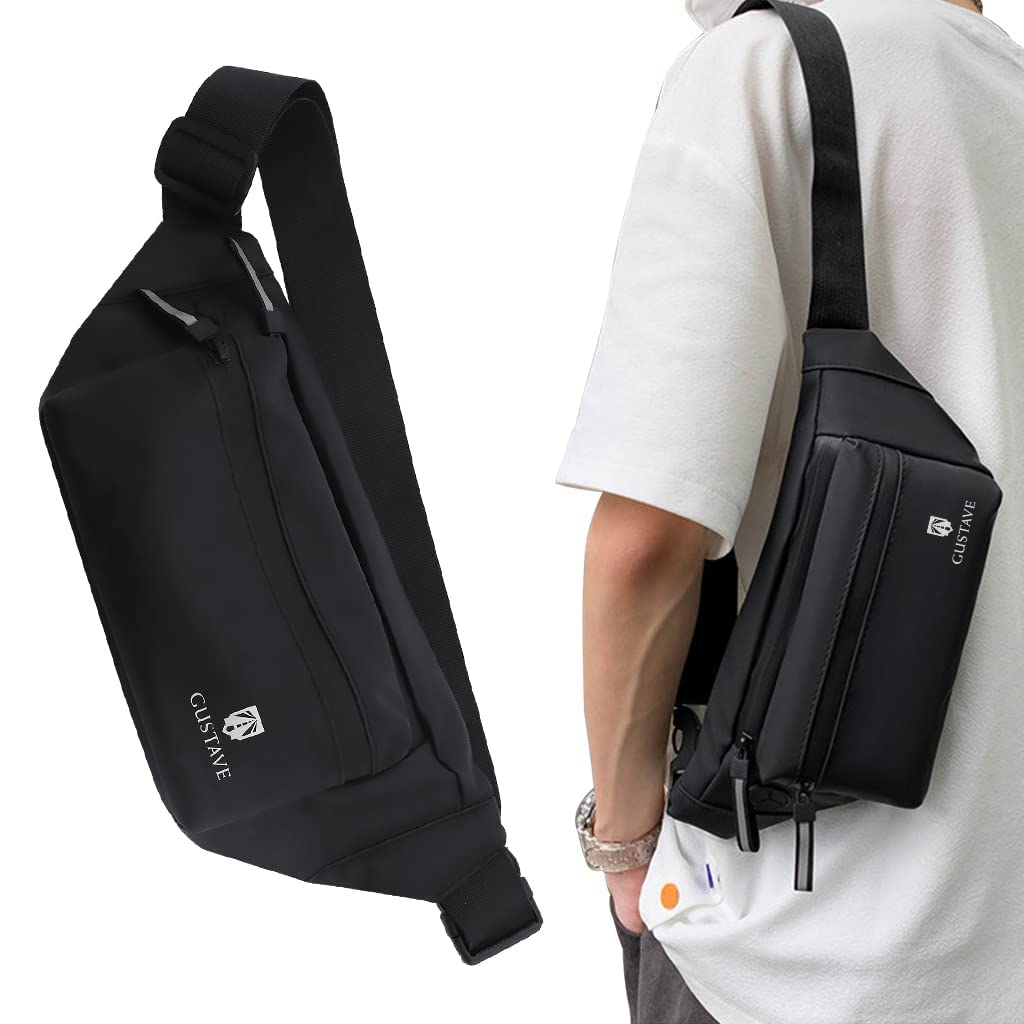 GUSTAVE Waist Bag for Men Women with Adjustable Strap and Headphone Jack, Large Waterproof Chest Bag Fanny Pack for Hiking Travel Camping Running Sports Outdoors with 4-Zipper Pockets