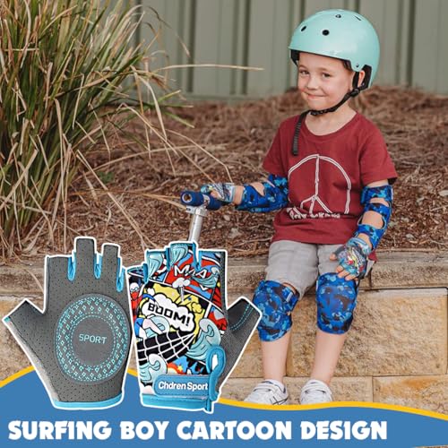 Proberos® Surfing Boy Kids Bike Gloves Size S for 4-8 Years Old Anti-Slip Breathable Fingerless Cartoon Print Riding Sport Children's Bicycle 3PCS