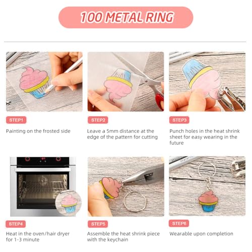 PATPAT® Shrink Paper Sheet Kit with 240PCS Multi Shrinky Art Paper 100 PCS Metal Hooks Keyrings DIY Cartoon Keychain Bag Charms Accessories Heat Craft for Kids Adults