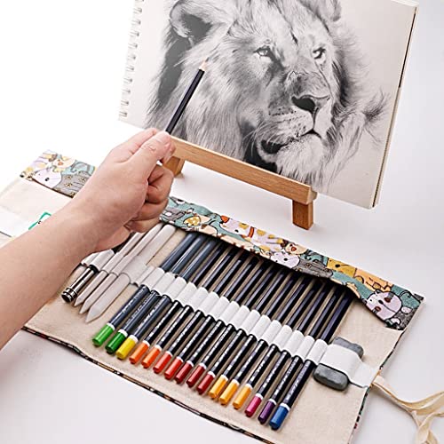 HASTHIP Canvas Pencil Wrap Case, Pencil Roll Wrap, Pencil Holder with 48 Slots, Colored Cartoon Prints Roll Up Pencil Pouch Gift for Students Sketching Drawing Writing Storage (Without Pencil)