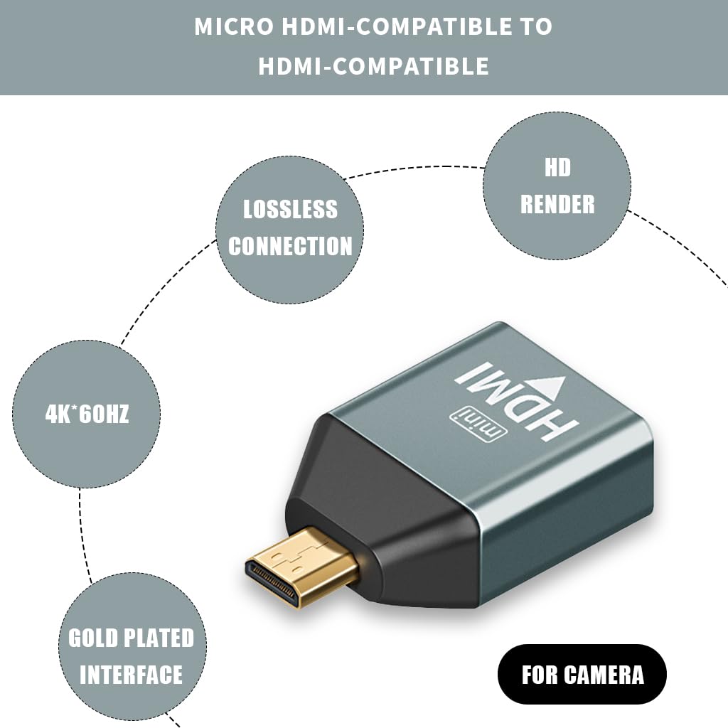 Verilux HDMI Adapter, Micro HDMI to HDMI Converter, 4K@60Hz HDR 3D Dolby, 18Gbps Male to Female Adapter for Nikon Zfc/Raspberry Pi 4/Sony A6000/GoPro Hero and Other Action Camera