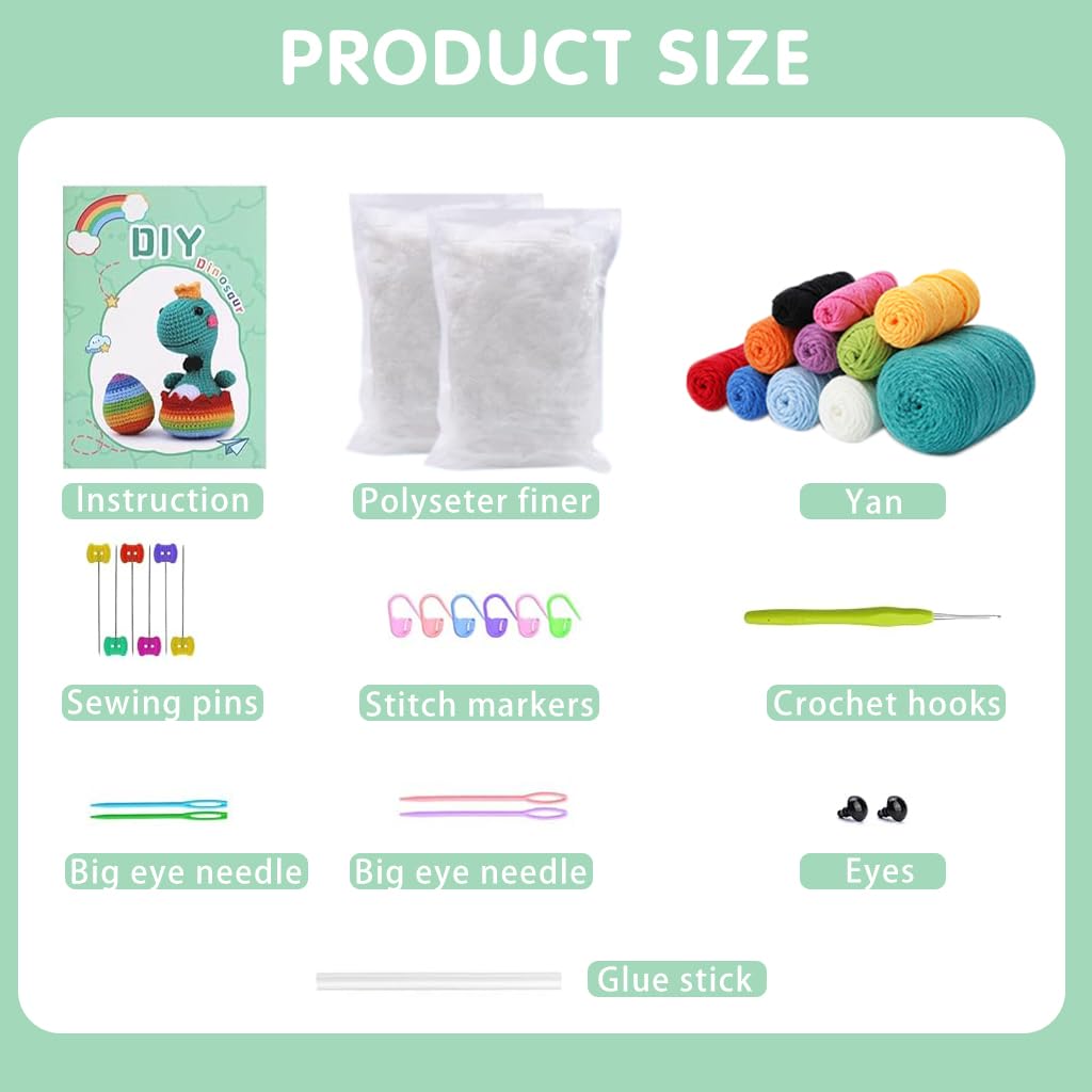 HASTHIP Crochet Stuffed Animal Kit Crochet Kit for Beginners Knitting Kit Full Set Crochet Starter Kit with Yarn, Polyester Fiber, Crochet Hooks, Tutorial Video, DIY Gift Friends (Rainbow Dinosaur)
