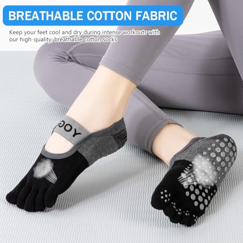 Proberos 1 Pair Yoga Socks for Women Toesocks Breathable Cotton 5-Toe Socks for Women Anti-slip Silicone Sole Design Fitness Yoga Floor Socks Individual Toe Socks for Pilates, Barre, Ballet