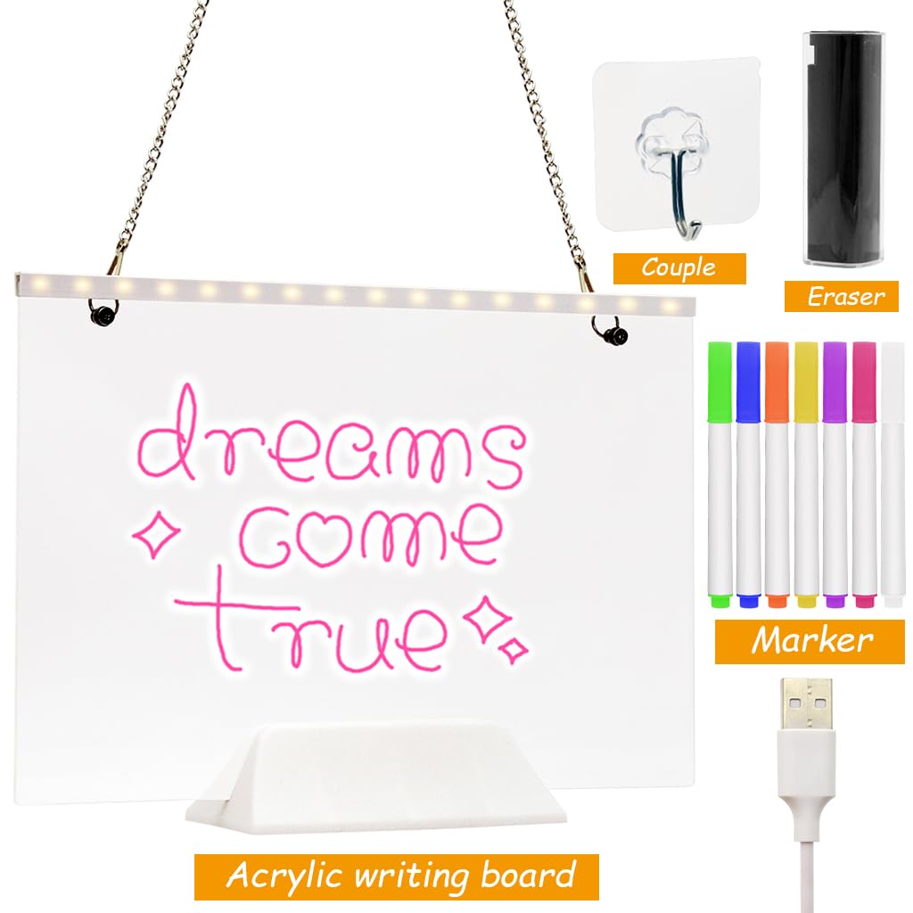 Climberty Hanging 3D Acrylic Writing Board with 7 Color Pen, 11.8'' X 7.9'' Light up Dry Erase Board LED Message Board with Hanging Chain, Reusable Welcome Board Writing Board for Shop, Home, Office