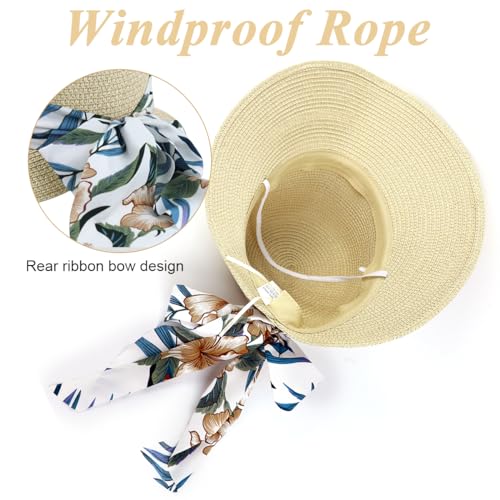 PALAY® Womens Straw Hat for Summer Wide Brim Sun Hats with Print Ribbon Fashion Beach Ladies Beige UV Protection Cap Lightweight Breathable 2 PCS