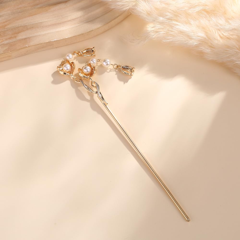MAYCREATE Floral Hair Pins for Women Girls, Gold Metal Hair Stick for Buns, Pearl Pendent Hair Bun Stick, Elegant 6.4'' Juda Pin Hairpin Hair Accessories for for Updos, Buns