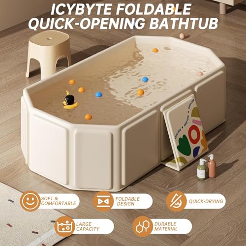 HASTHIP® Baby Foldable Kids Bathtub for Infants to Toddler with Non-Slip Base,Portable Foldable Bathtub Freestanding Bathtubs,Easy Storage,Perfect for Small Spaces-Beige
