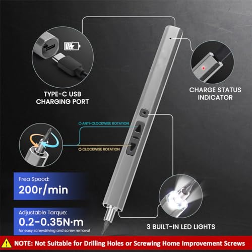 Serplex Electric Screwdriver 36-in-1 Cordless Mini Power Precision Screwdriver Set with 30 Bits, Rechargeable, 2 Torque Settings, Electric Precision Screwdriver Kit with LED, for Phones Watch Laptops