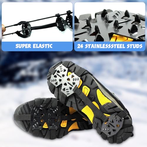 GUSTAVE® 1 Pair Ice Cleats for Shoes 24 Manganese Steel Spikes Design Ultra Strong Traction Anti-skid Ice Cleats Adjustable Ice Cleats for Men Women Outdoor Ice Cleats for Walking, Trekking, Hiking, M
